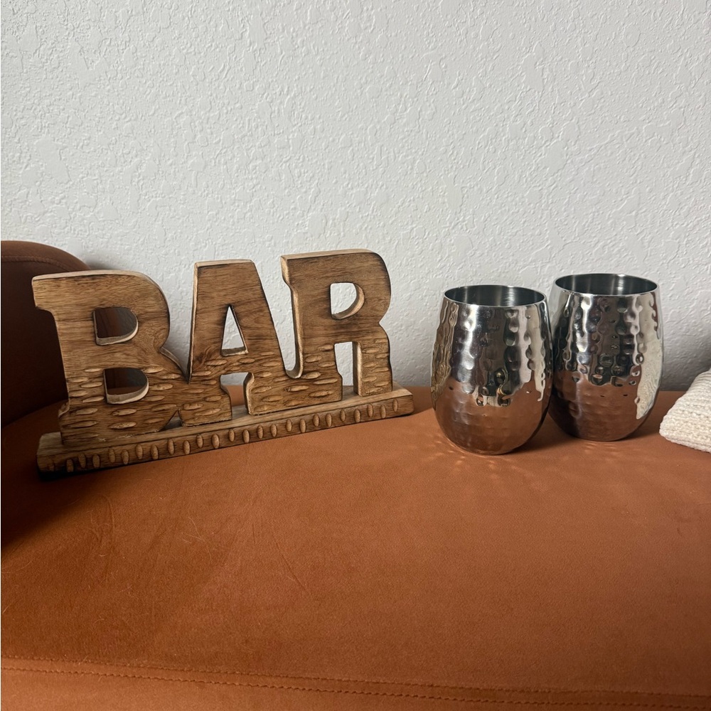 Wooden BAR Sign with Silver Tumblers